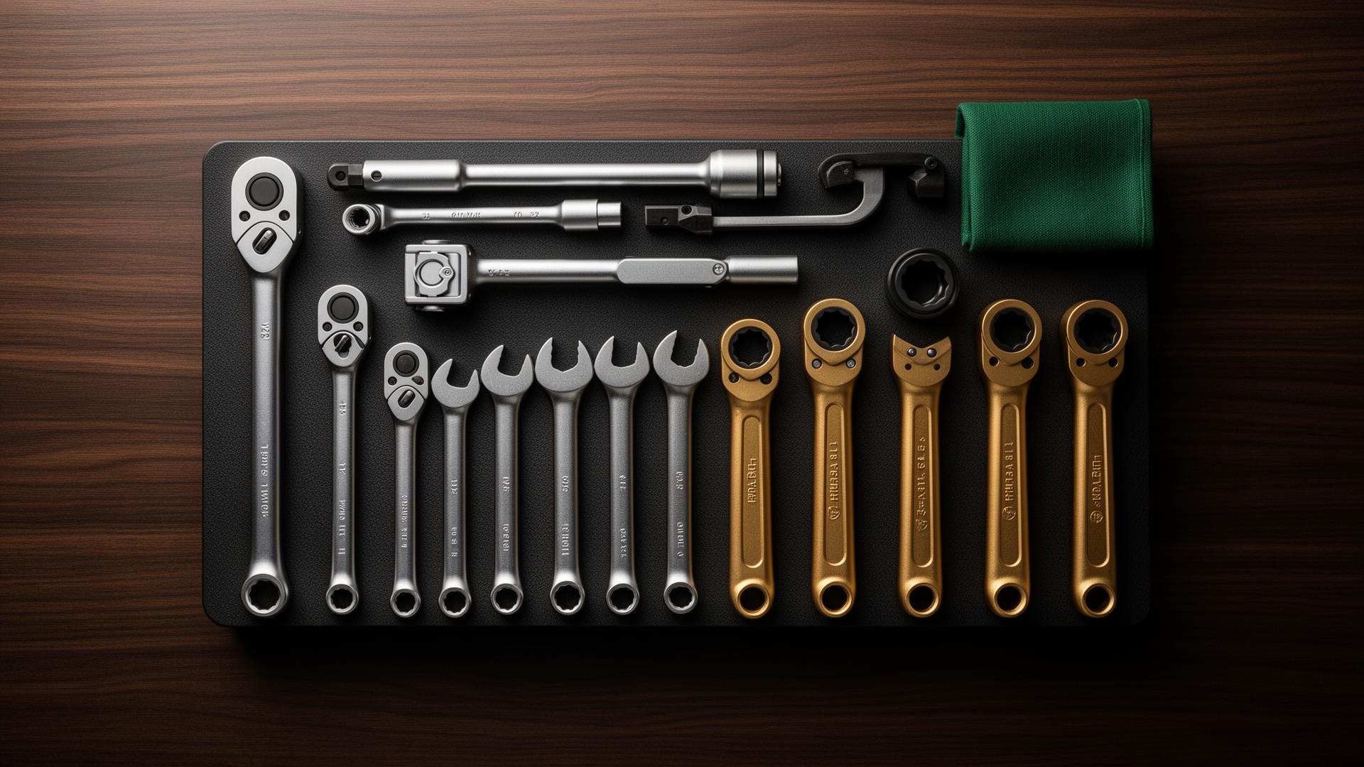 Calibrated tools laid out in a precise overhead arrangement